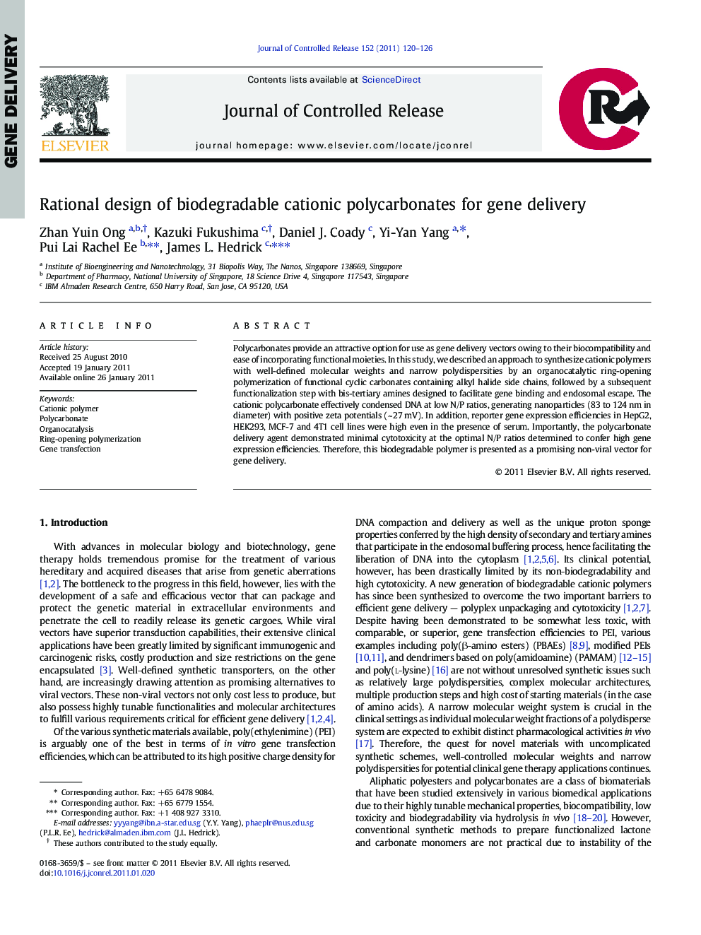 Rational design of biodegradable cationic polycarbonates for gene delivery