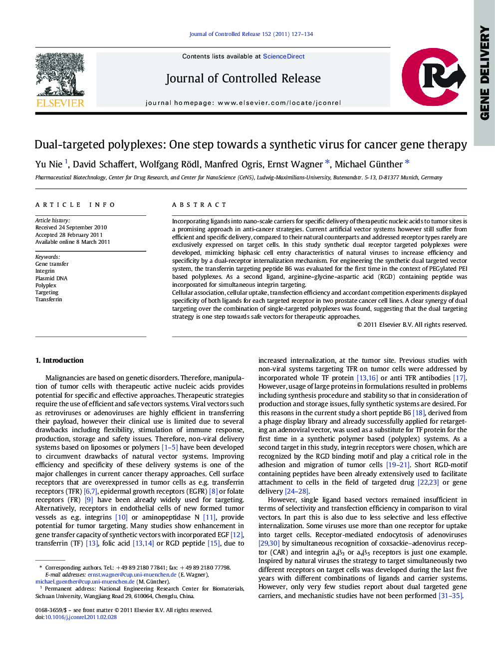 Dual-targeted polyplexes: One step towards a synthetic virus for cancer gene therapy