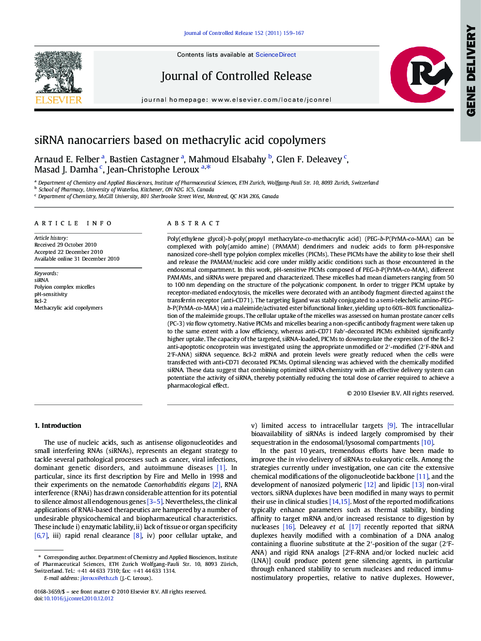 siRNA nanocarriers based on methacrylic acid copolymers