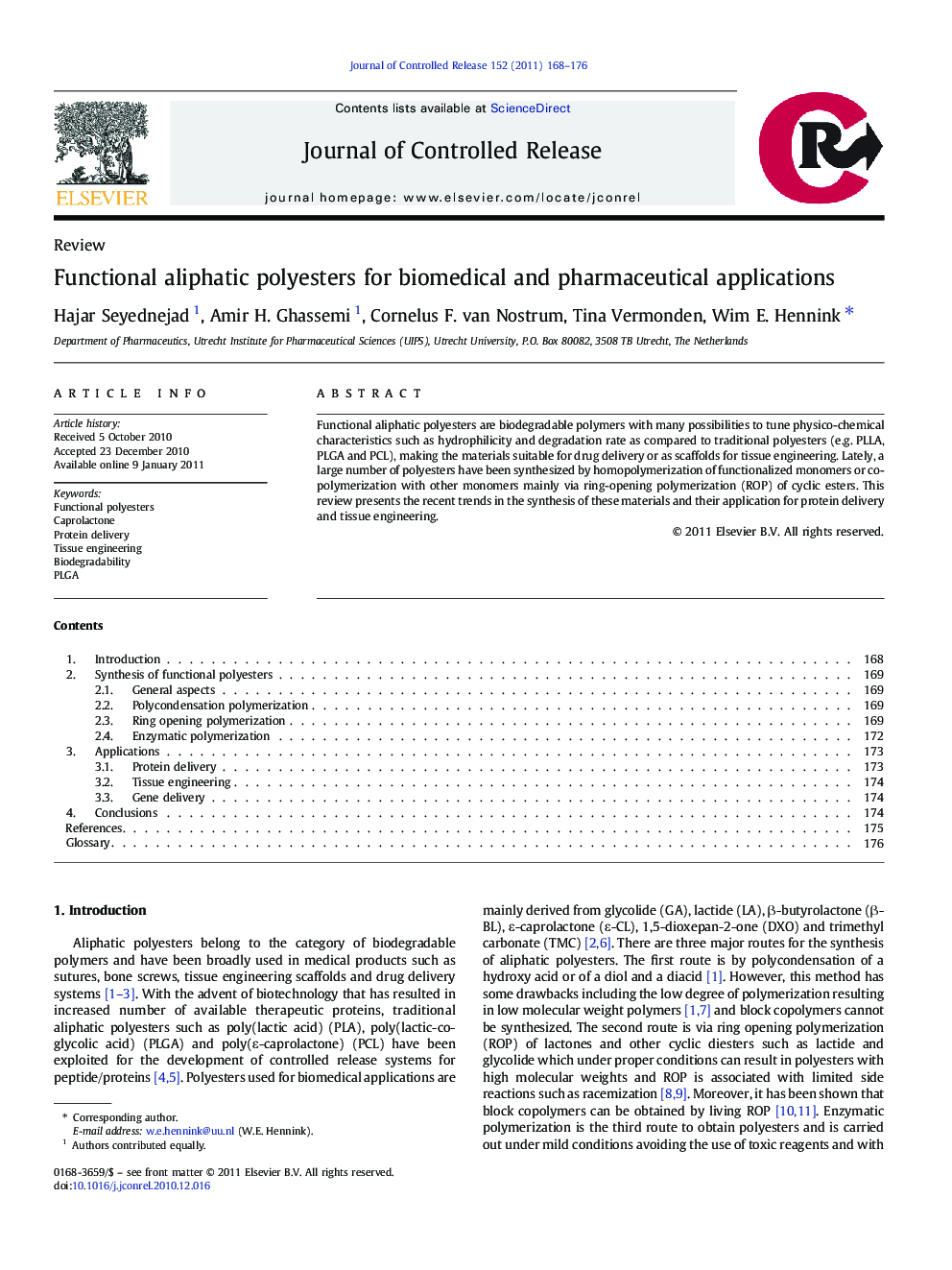 عکس صفحه اول مقاله: Functional aliphatic polyesters for biomedical and pharmaceutical applications Functional aliphatic polyesters for biomedical and pharmaceutical applications