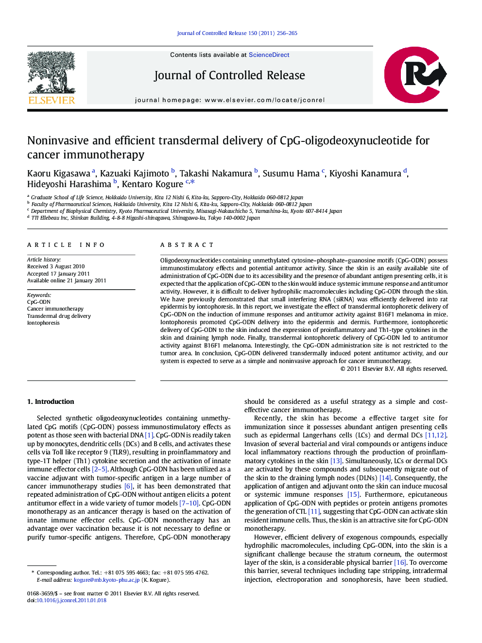 Noninvasive and efficient transdermal delivery of CpG-oligodeoxynucleotide for cancer immunotherapy