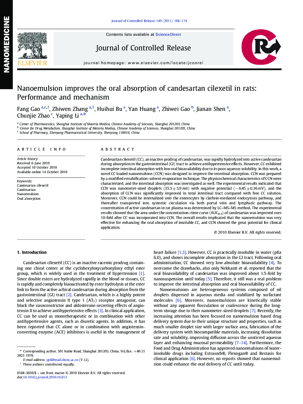 Nanoemulsion improves the oral absorption of candesartan cilexetil in rats: Performance and mechanism