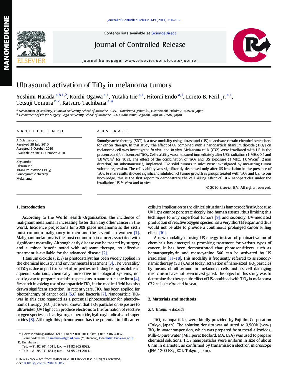 Ultrasound activation of TiO2 in melanoma tumors