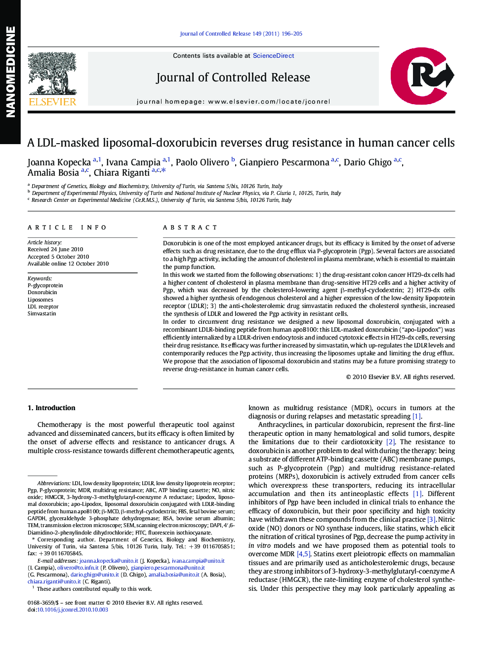 A LDL-masked liposomal-doxorubicin reverses drug resistance in human cancer cells