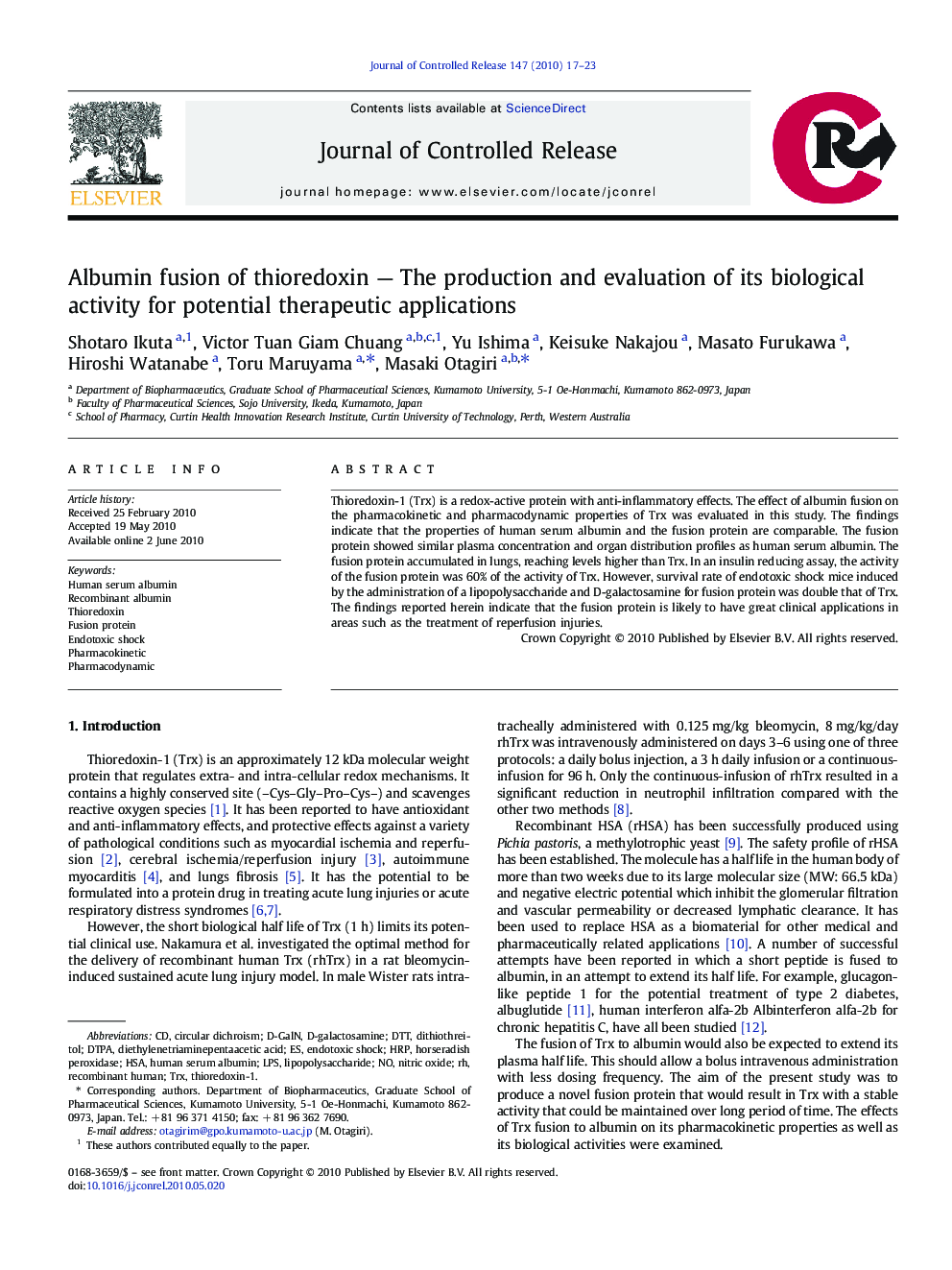 Albumin fusion of thioredoxin — The production and evaluation of its biological activity for potential therapeutic applications