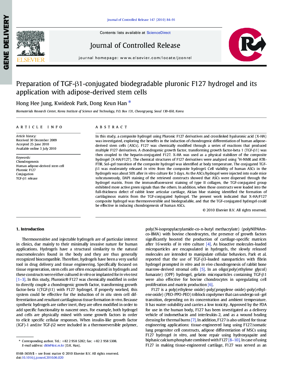 Preparation of TGF-β1-conjugated biodegradable pluronic F127 hydrogel and its application with adipose-derived stem cells