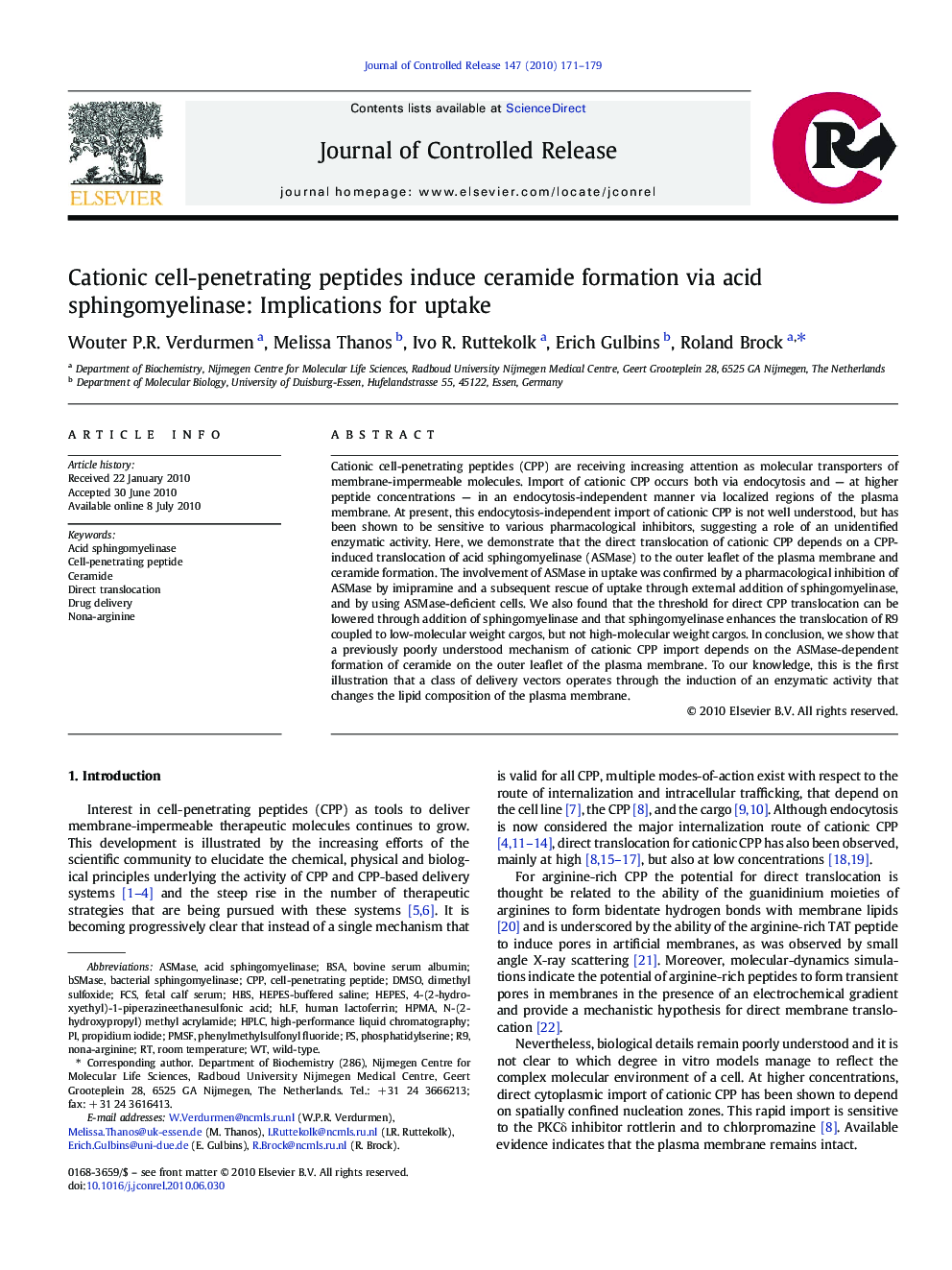 Cationic cell-penetrating peptides induce ceramide formation via acid sphingomyelinase: Implications for uptake