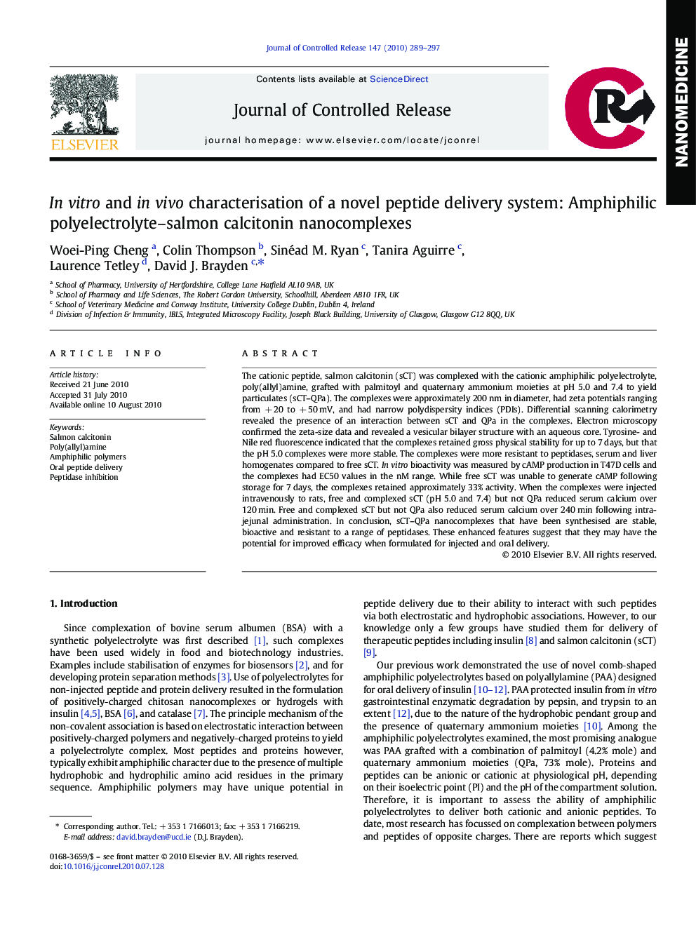 In vitro and in vivo characterisation of a novel peptide delivery system: Amphiphilic polyelectrolyte–salmon calcitonin nanocomplexes