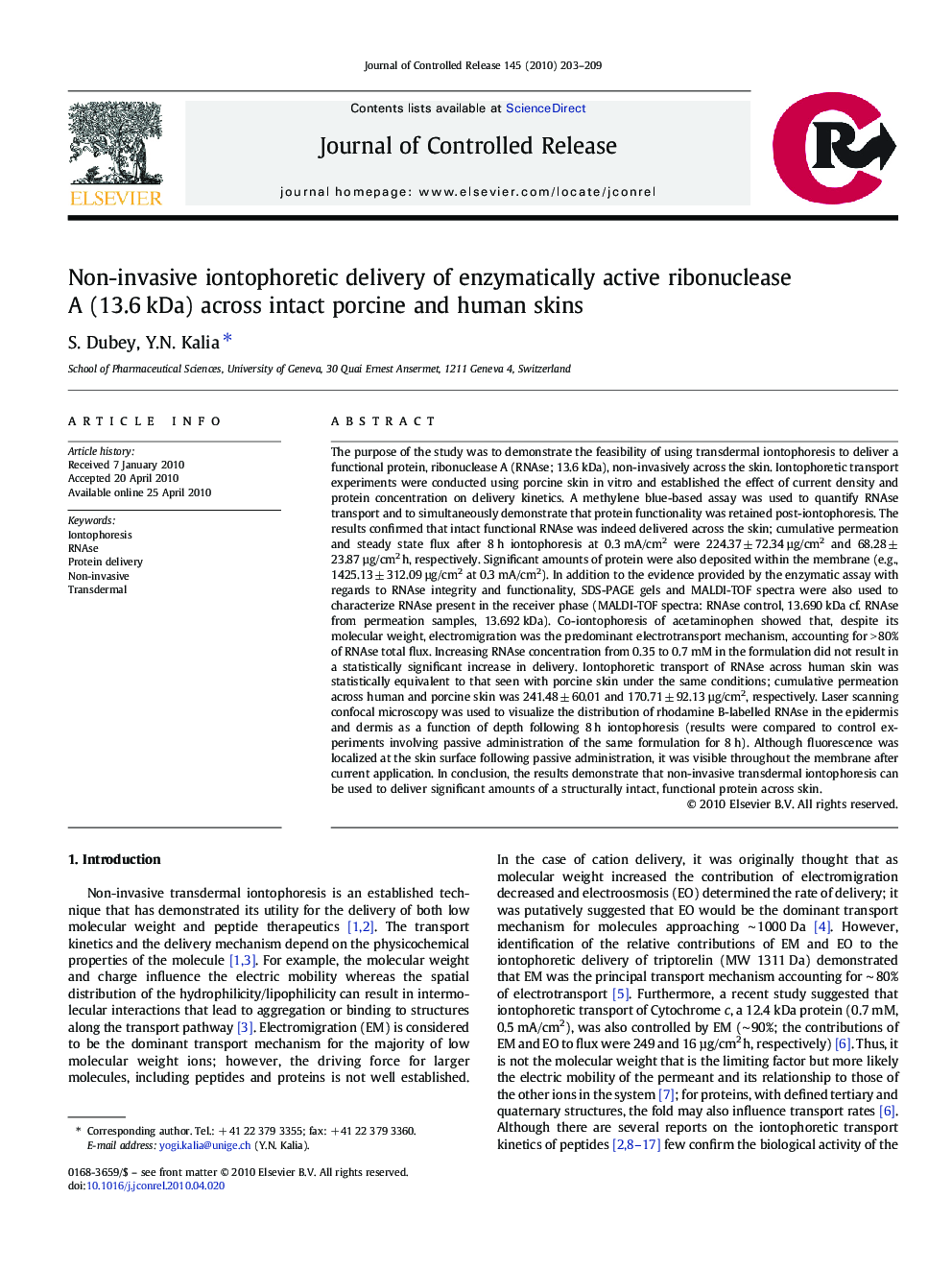 Non-invasive iontophoretic delivery of enzymatically active ribonuclease A (13.6 kDa) across intact porcine and human skins