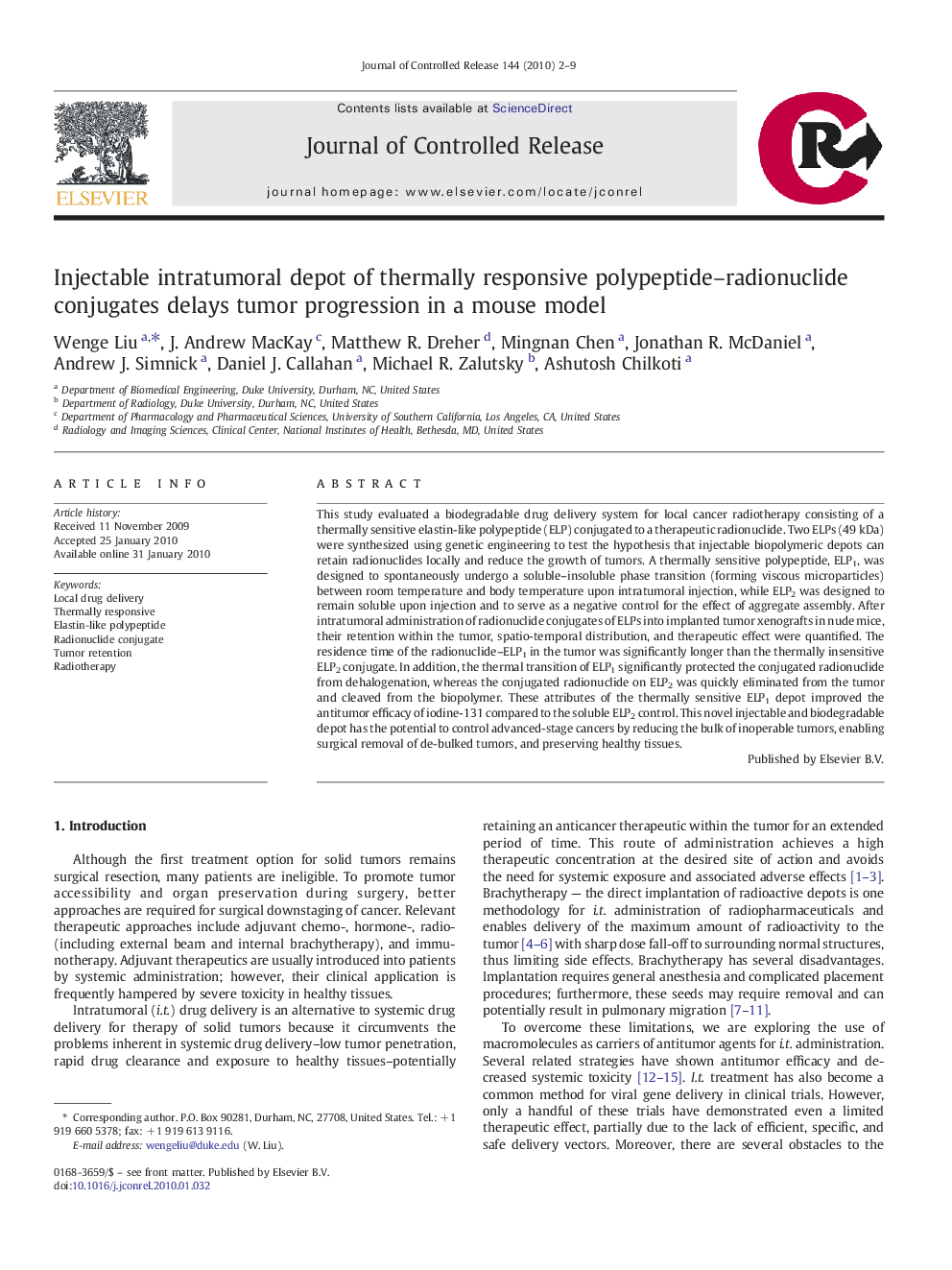 Injectable intratumoral depot of thermally responsive polypeptide–radionuclide conjugates delays tumor progression in a mouse model