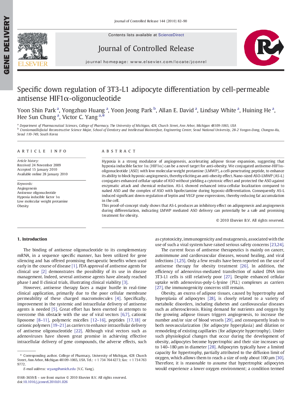 Specific down regulation of 3T3-L1 adipocyte differentiation by cell-permeable antisense HIF1Î±-oligonucleotide