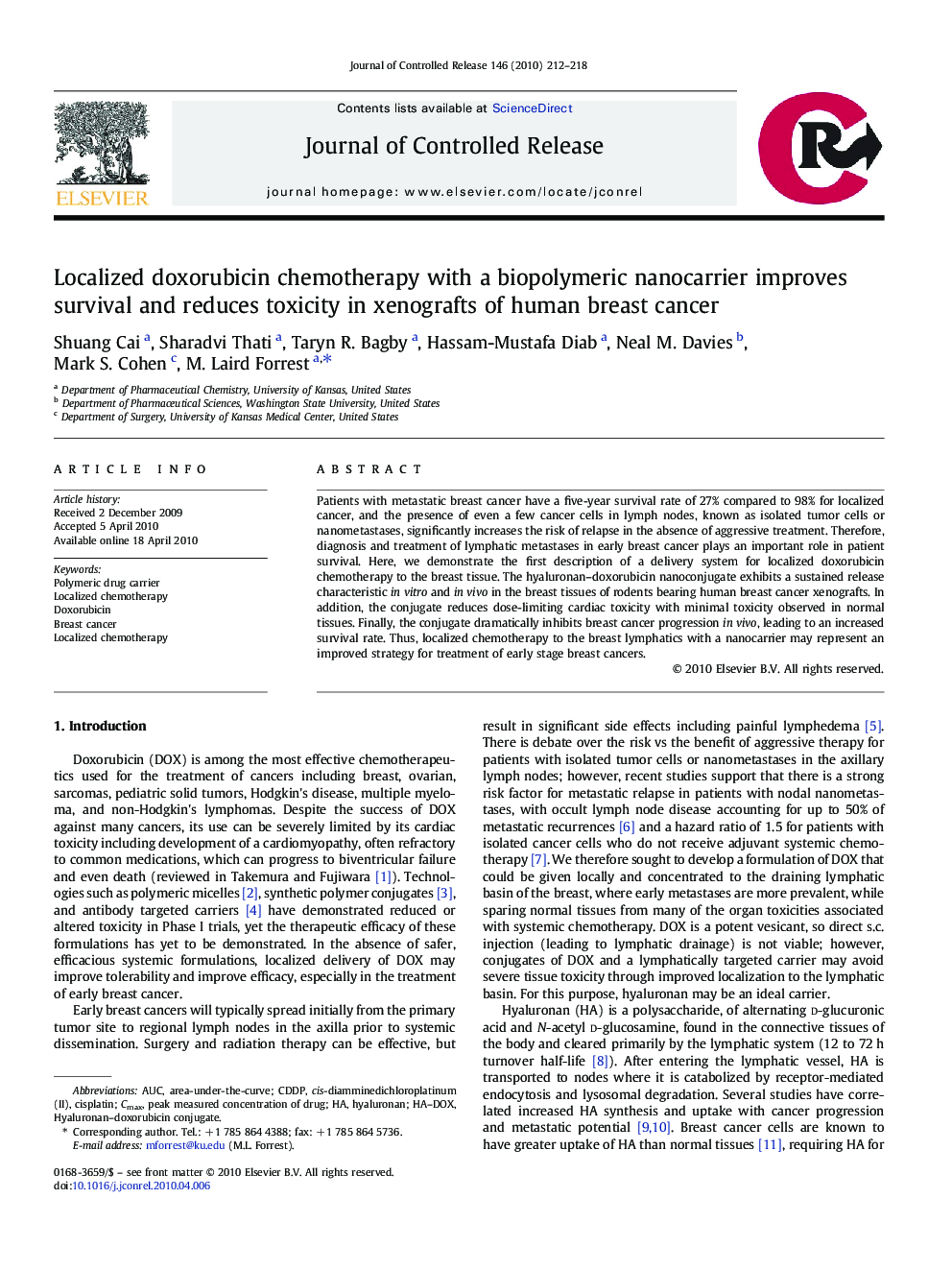 Localized doxorubicin chemotherapy with a biopolymeric nanocarrier improves survival and reduces toxicity in xenografts of human breast cancer