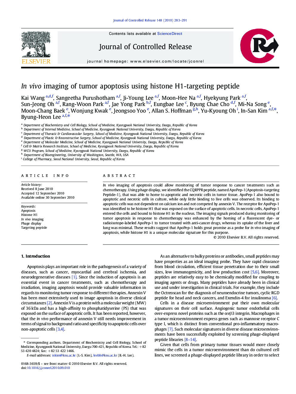 In vivo imaging of tumor apoptosis using histone H1-targeting peptide