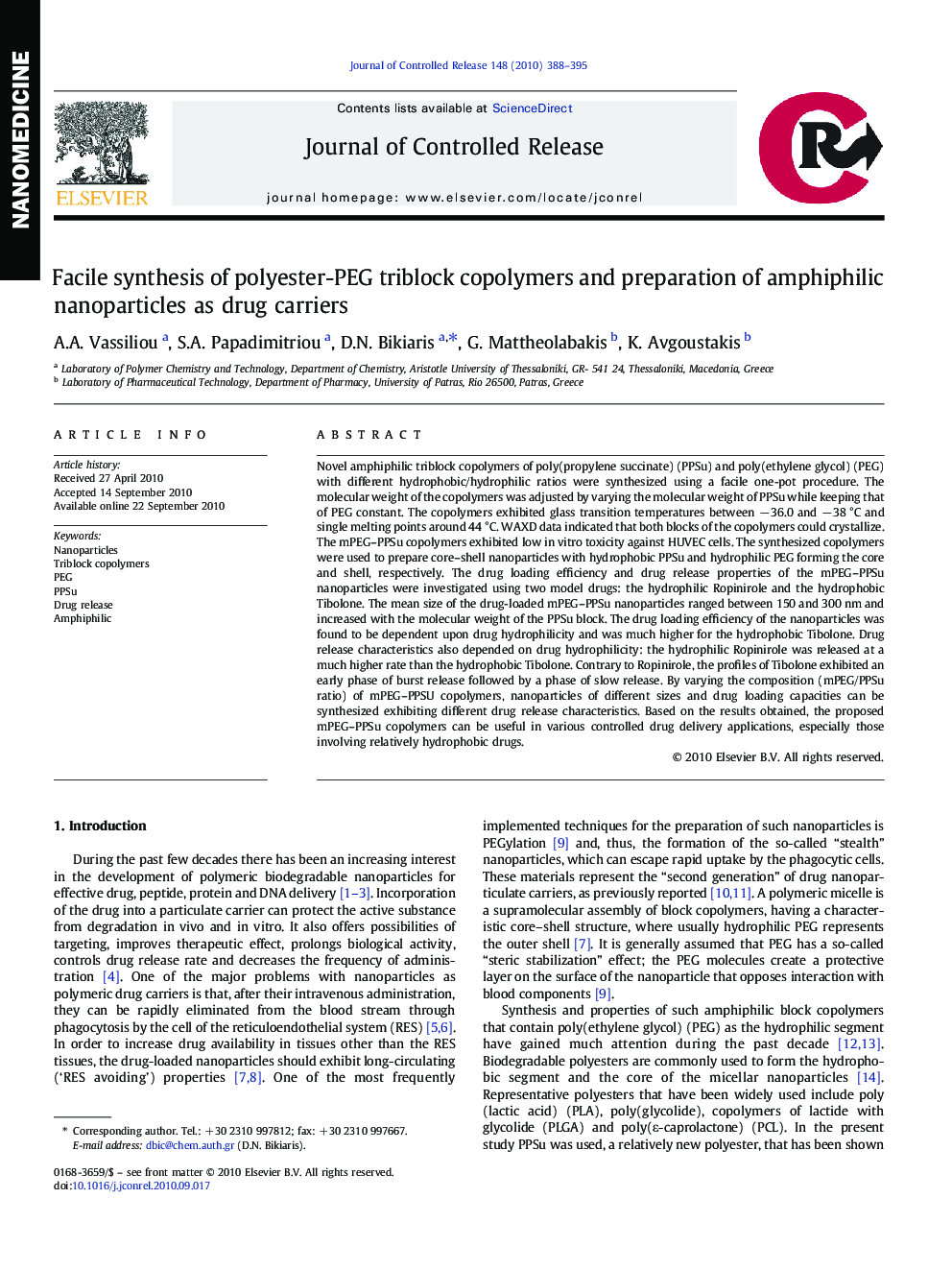 Facile synthesis of polyester-PEG triblock copolymers and preparation of amphiphilic nanoparticles as drug carriers