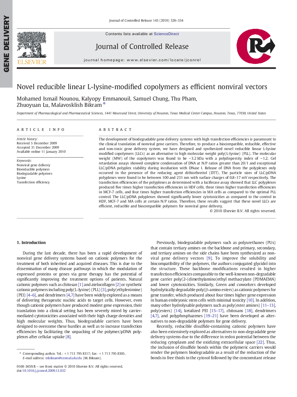 Novel reducible linear L-lysine-modified copolymers as efficient nonviral vectors