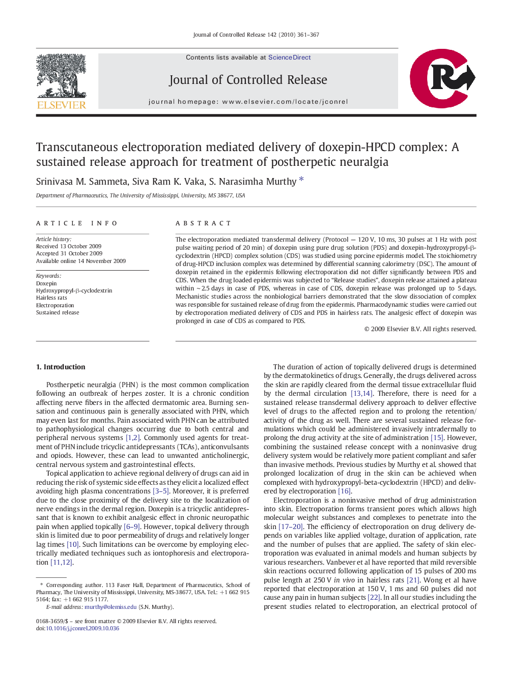 Transcutaneous electroporation mediated delivery of doxepin-HPCD complex: A sustained release approach for treatment of postherpetic neuralgia