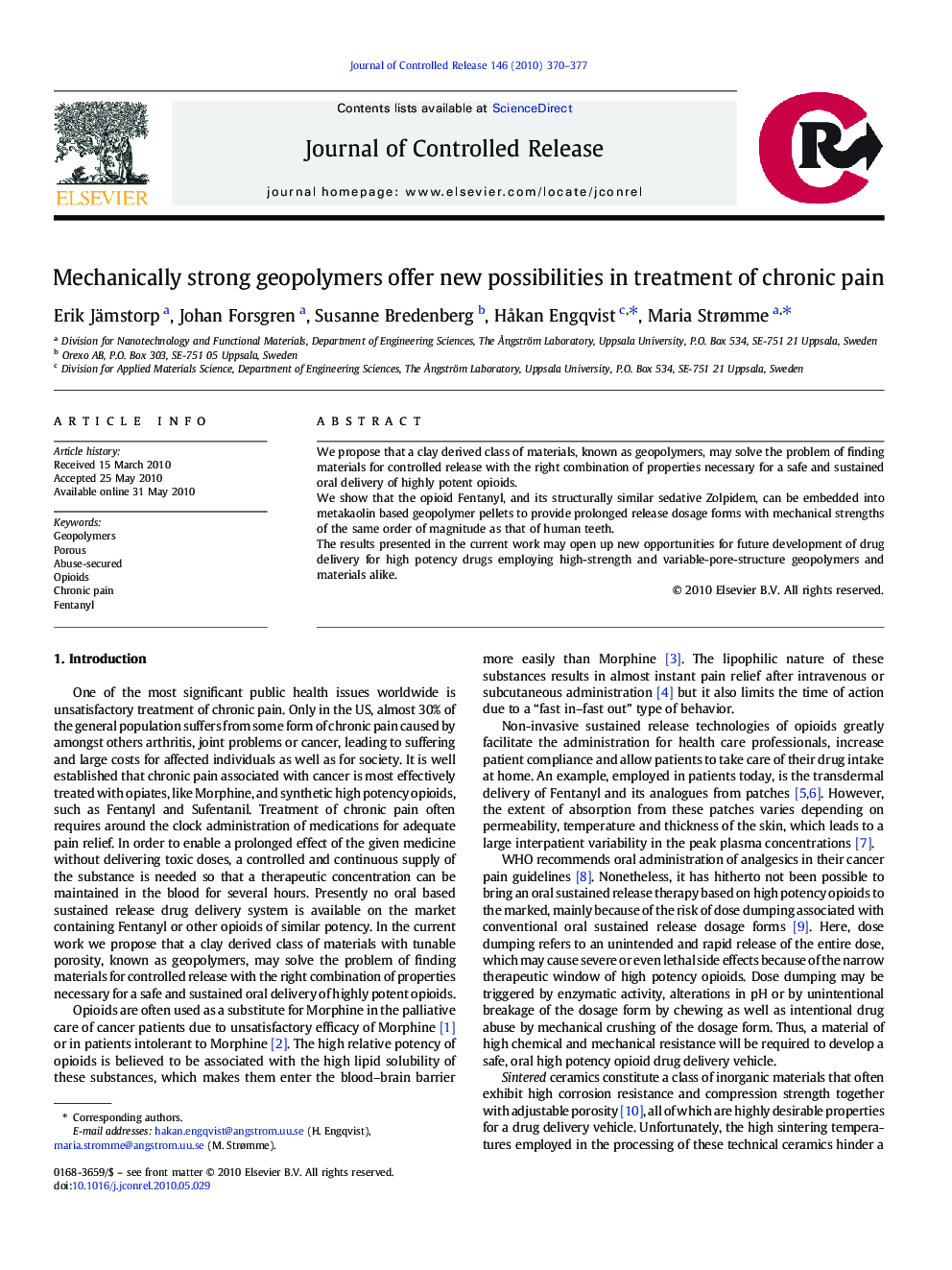 عکس صفحه اول مقاله: Mechanically strong geopolymers offer new possibilities in treatment of chronic pain Mechanically strong geopolymers offer new possibilities in treatment of chronic pain