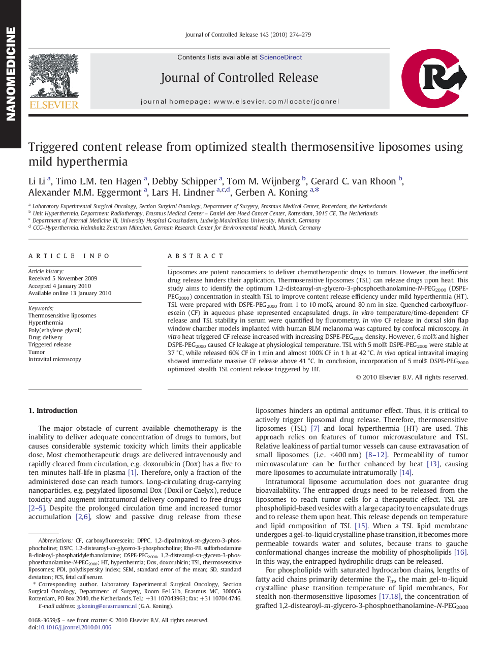 Triggered content release from optimized stealth thermosensitive liposomes using mild hyperthermia