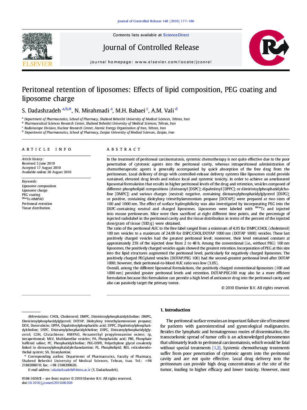 Peritoneal retention of liposomes: Effects of lipid composition, PEG coating and liposome charge