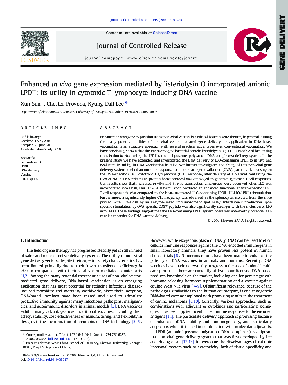 Enhanced in vivo gene expression mediated by listeriolysin O incorporated anionic LPDII: Its utility in cytotoxic T lymphocyte-inducing DNA vaccine