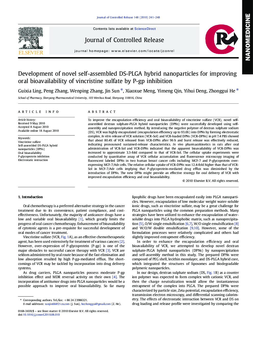 Development of novel self-assembled DS-PLGA hybrid nanoparticles for improving oral bioavailability of vincristine sulfate by P-gp inhibition