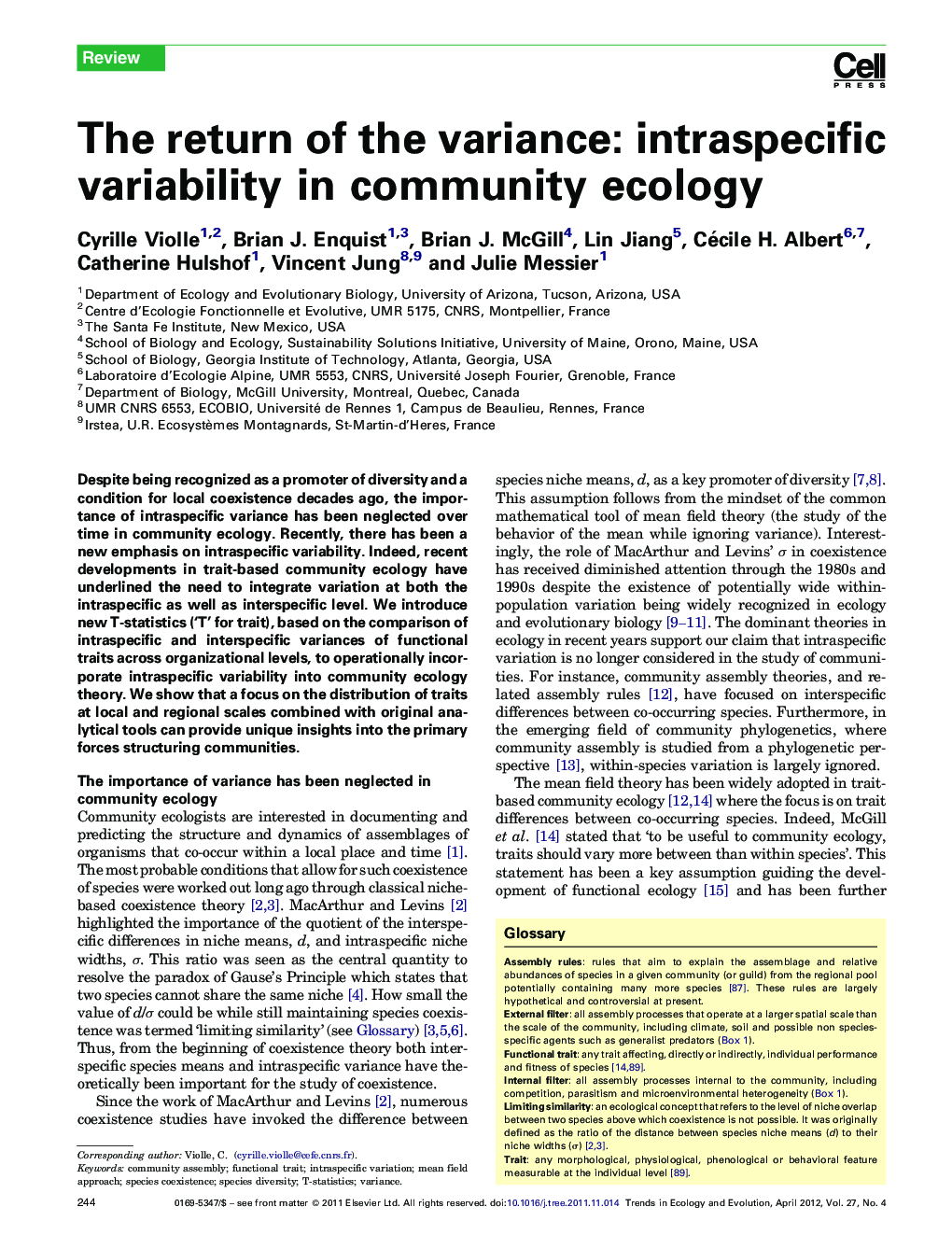 The return of the variance: intraspecific variability in community ecology