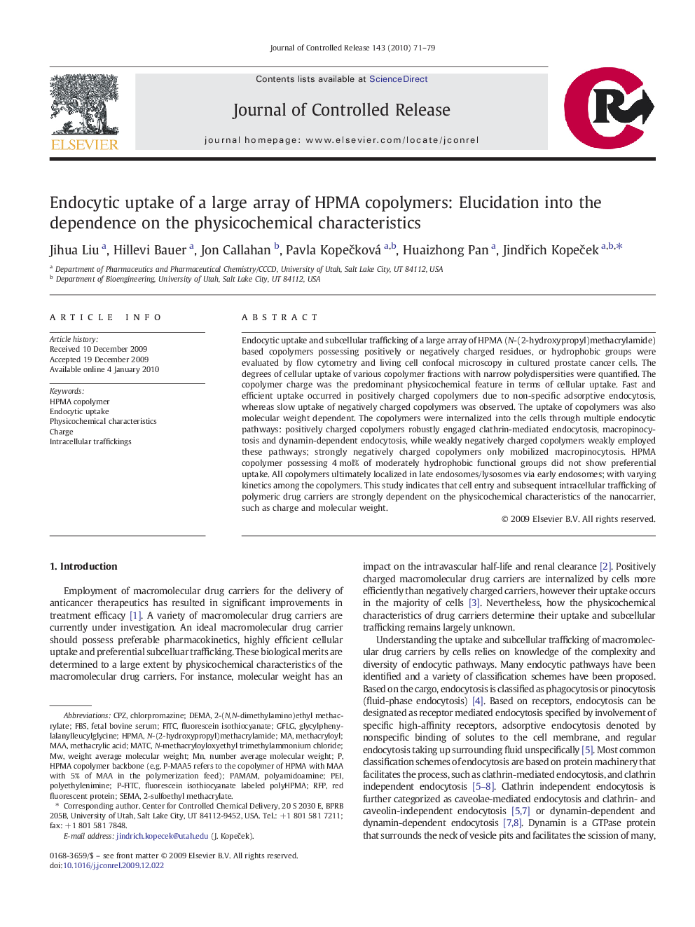 Endocytic uptake of a large array of HPMA copolymers: Elucidation into the dependence on the physicochemical characteristics