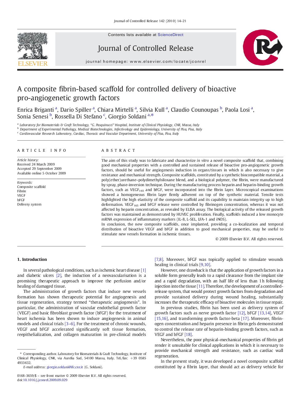 A composite fibrin-based scaffold for controlled delivery of bioactive pro-angiogenetic growth factors