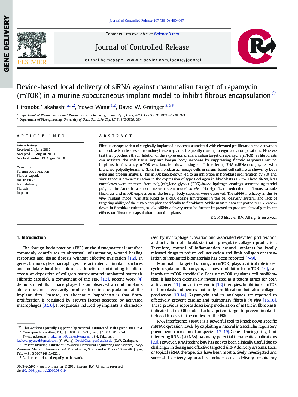 Device-based local delivery of siRNA against mammalian target of rapamycin (mTOR) in a murine subcutaneous implant model to inhibit fibrous encapsulation 