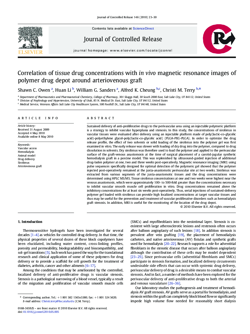 Correlation of tissue drug concentrations with in vivo magnetic resonance images of polymer drug depot around arteriovenous graft