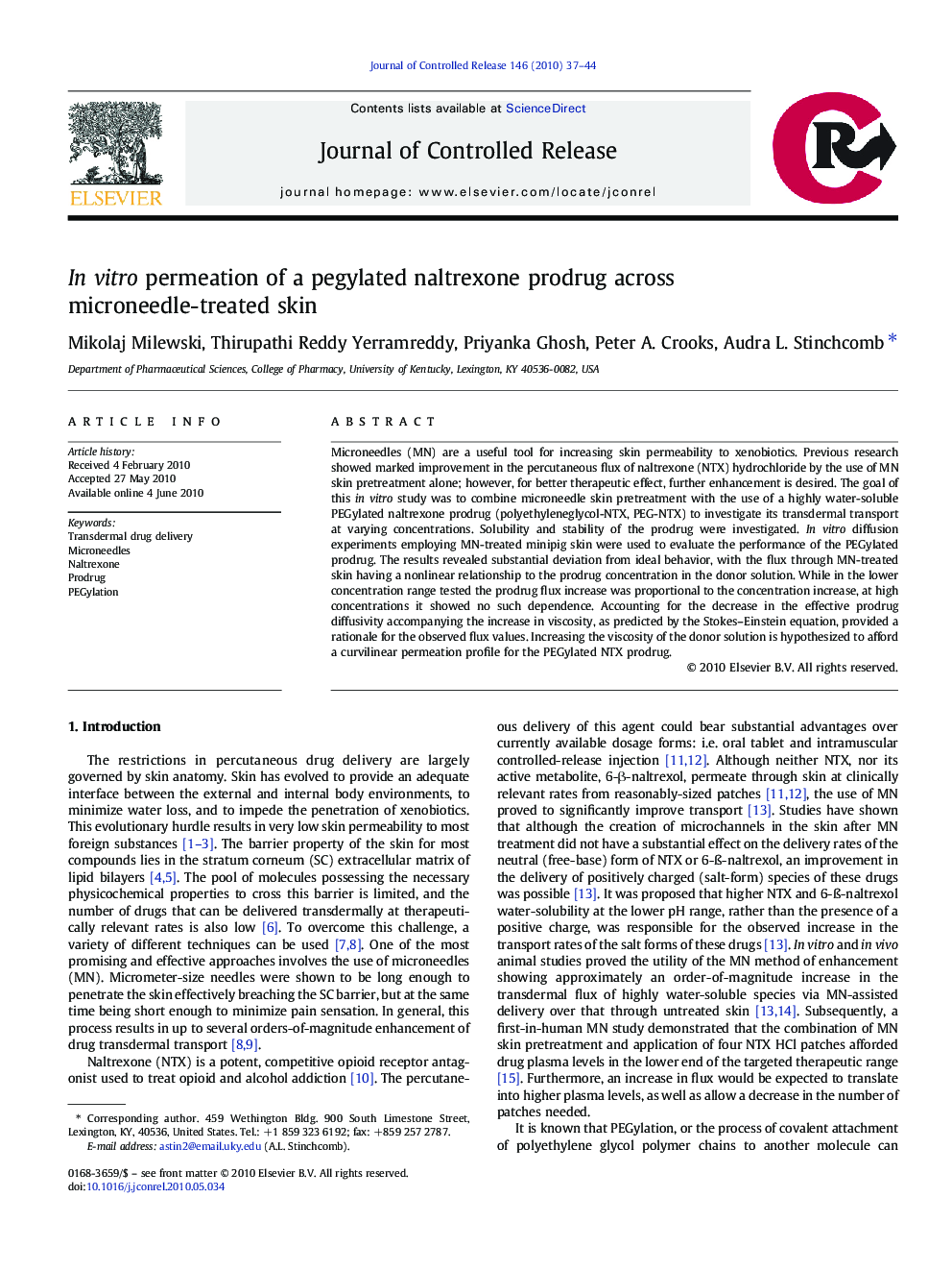 In vitro permeation of a pegylated naltrexone prodrug across microneedle-treated skin