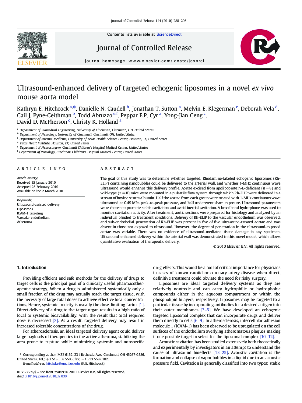 Ultrasound-enhanced delivery of targeted echogenic liposomes in a novel ex vivo mouse aorta model