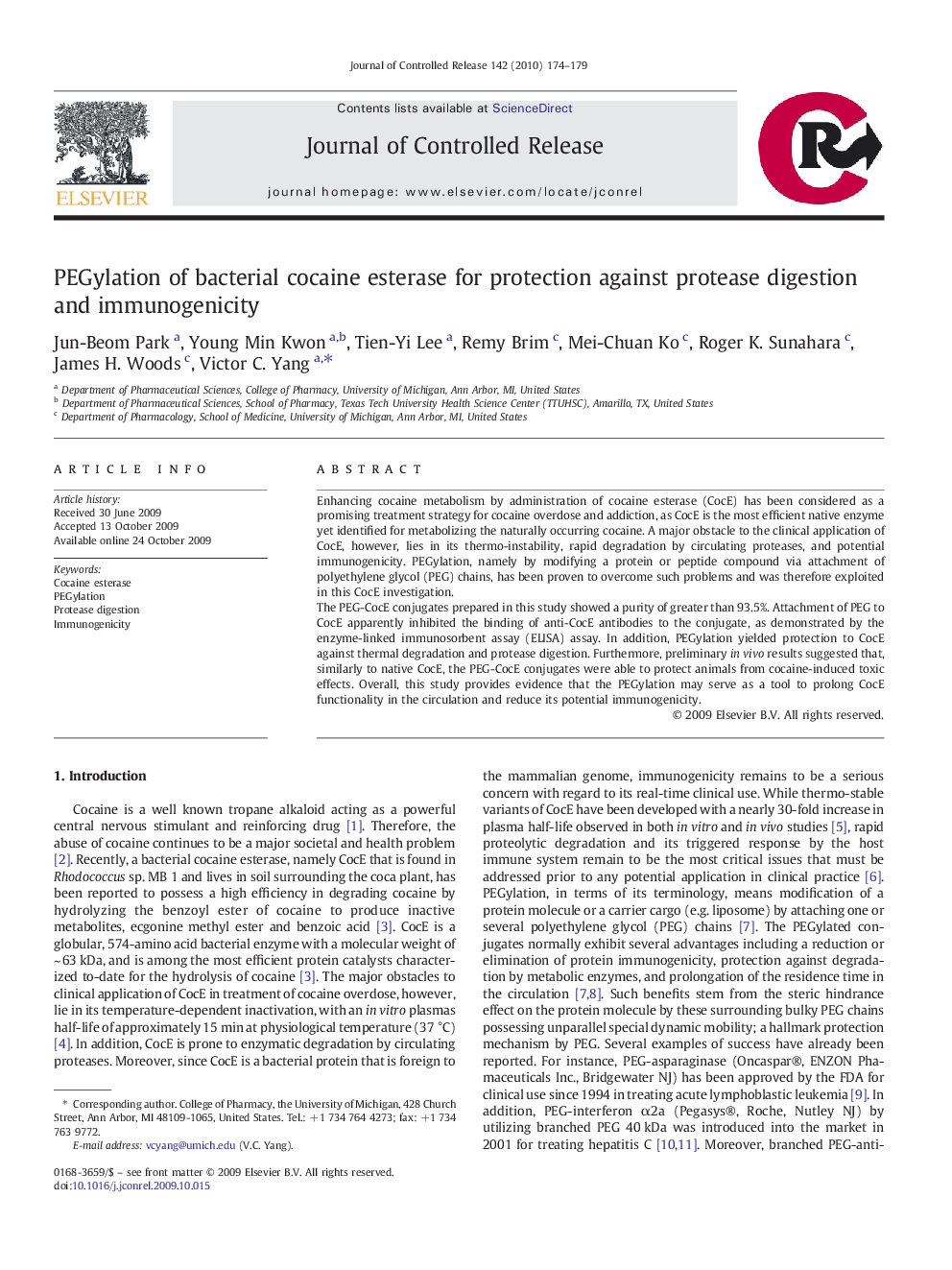 PEGylation of bacterial cocaine esterase for protection against protease digestion and immunogenicity