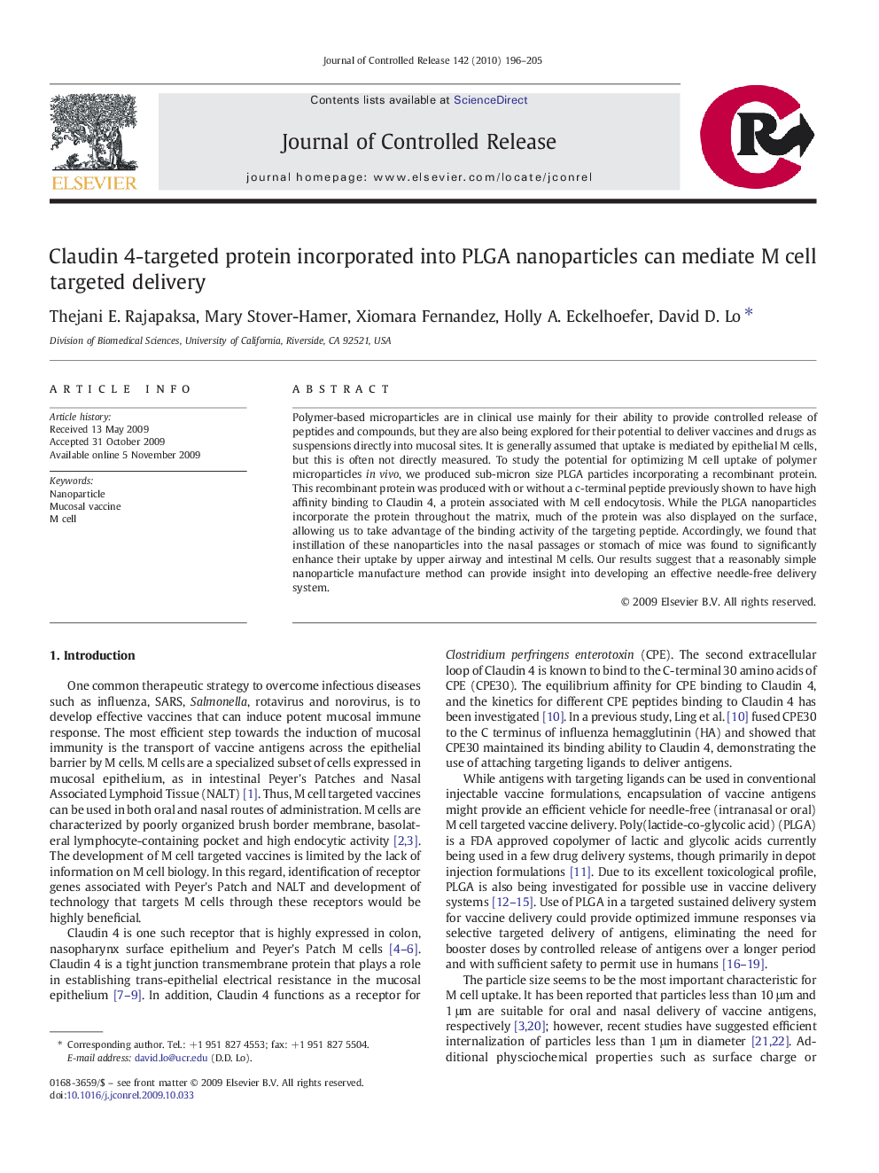 Claudin 4-targeted protein incorporated into PLGA nanoparticles can mediate M cell targeted delivery