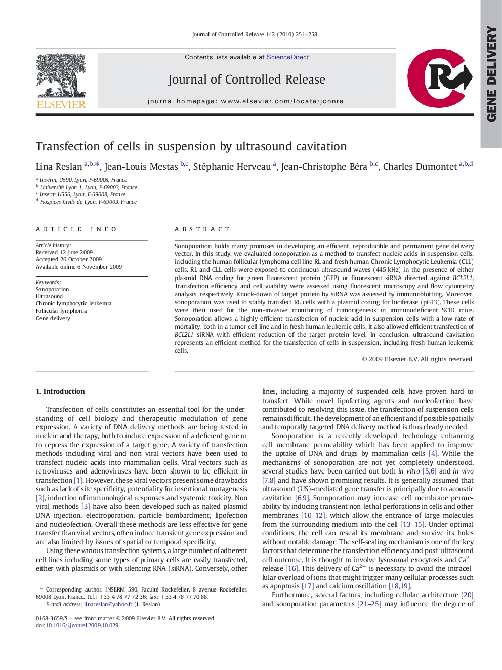 Transfection of cells in suspension by ultrasound cavitation