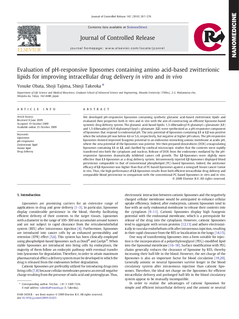 Evaluation of pH-responsive liposomes containing amino acid-based zwitterionic lipids for improving intracellular drug delivery in vitro and in vivo