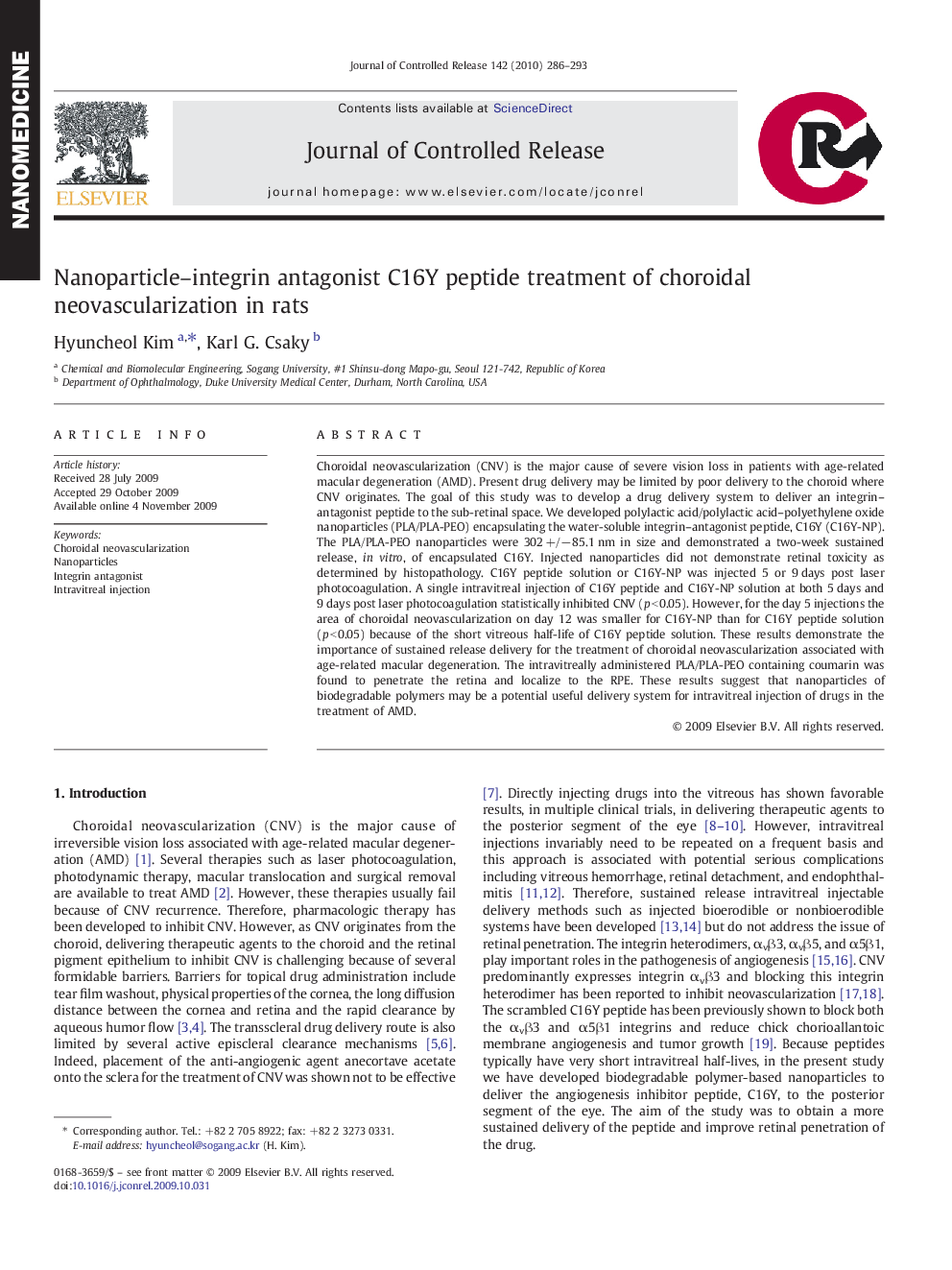 Nanoparticle–integrin antagonist C16Y peptide treatment of choroidal neovascularization in rats