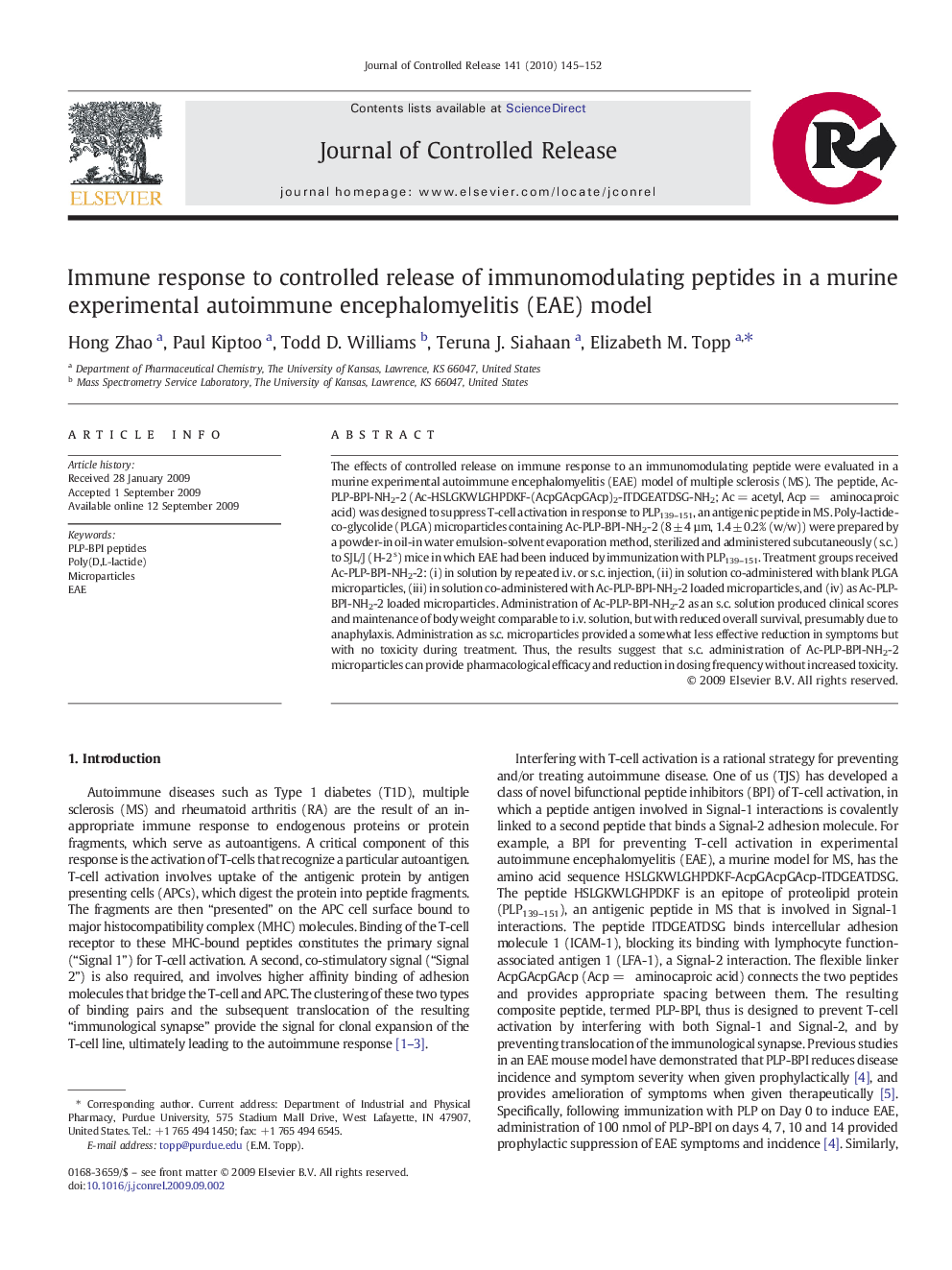 عکس صفحه اول مقاله: Immune response to controlled release of immunomodulating peptides in a murine experimental autoimmune encephalomyelitis (EAE) model Immune response to controlled release of immunomodulating peptides in a murine experimental autoimmune encephalomyelitis (EAE) model