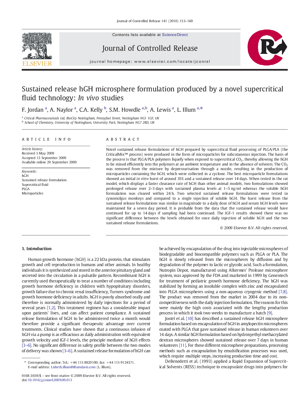 Sustained release hGH microsphere formulation produced by a novel supercritical fluid technology: In vivo studies