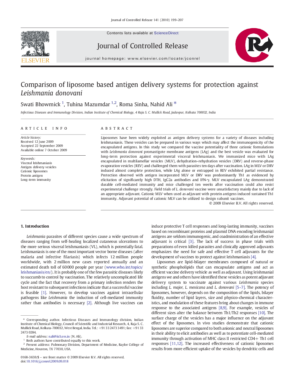 Comparison of liposome based antigen delivery systems for protection against Leishmania donovani