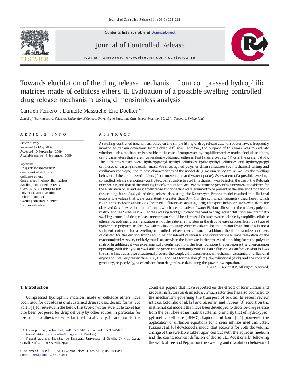 Towards elucidation of the drug release mechanism from compressed hydrophilic matrices made of cellulose ethers. II. Evaluation of a possible swelling-controlled drug release mechanism using dimensionless analysis