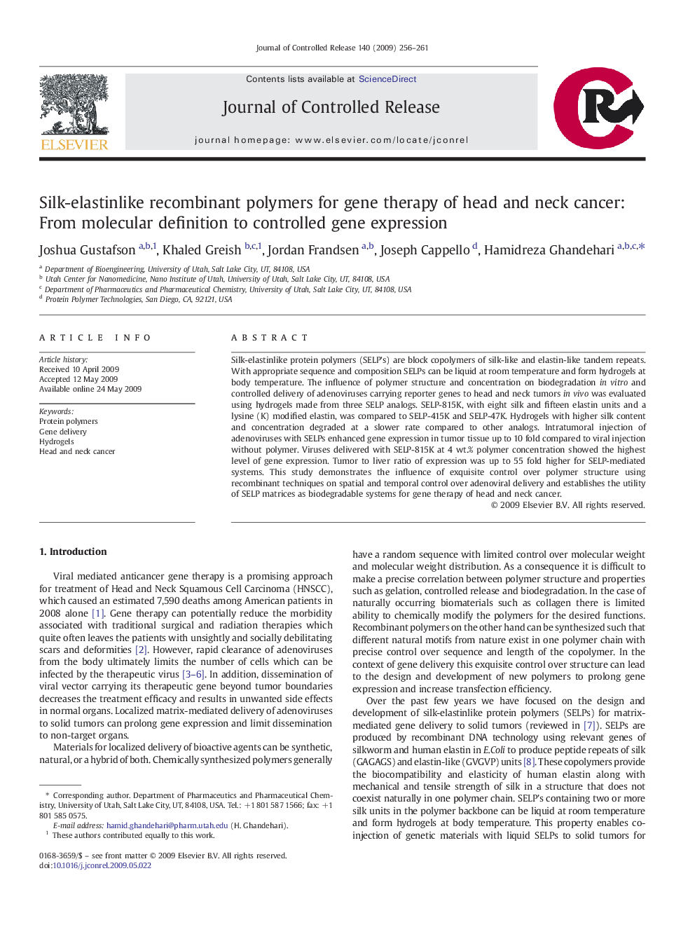 Silk-elastinlike recombinant polymers for gene therapy of head and neck cancer: From molecular definition to controlled gene expression