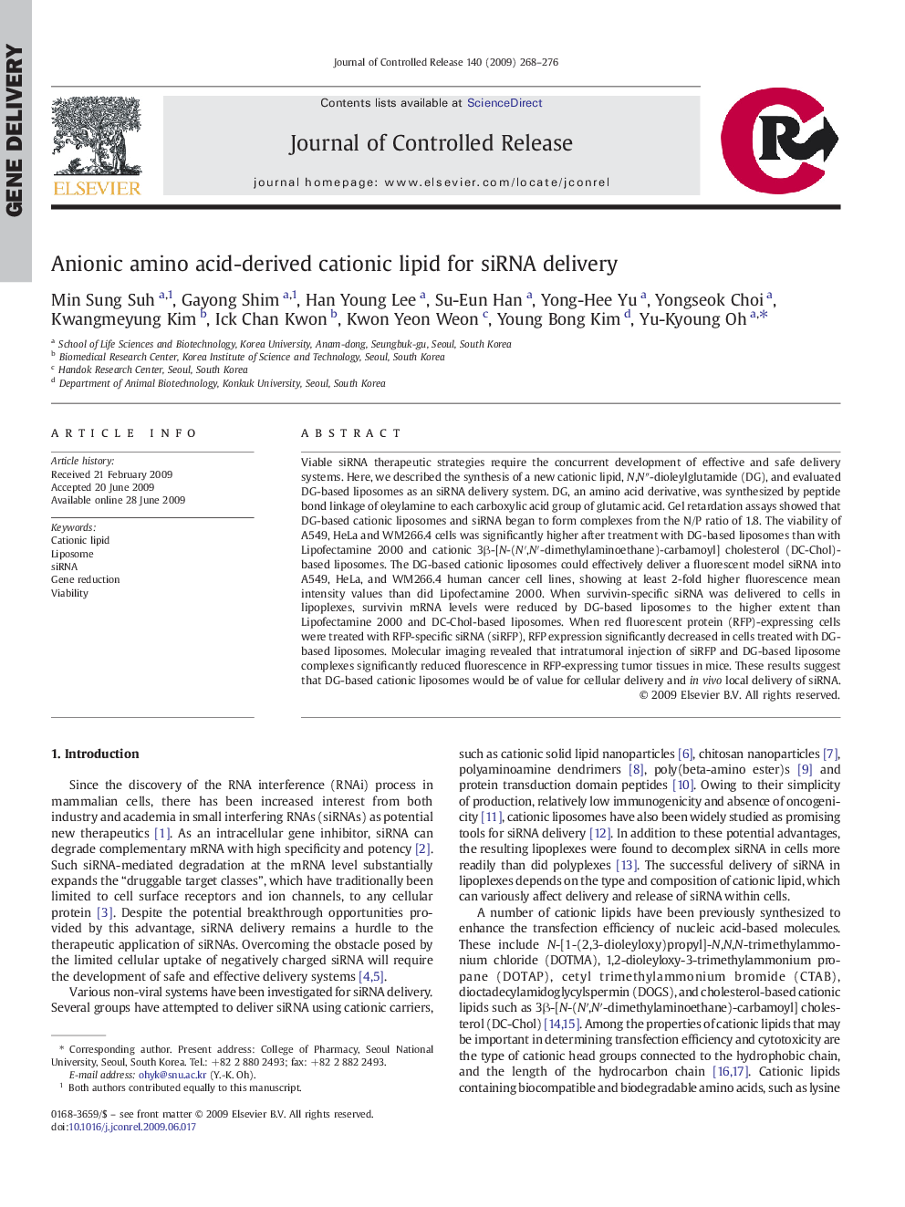عکس صفحه اول مقاله: Anionic amino acid-derived cationic lipid for siRNA delivery Anionic amino acid-derived cationic lipid for siRNA delivery