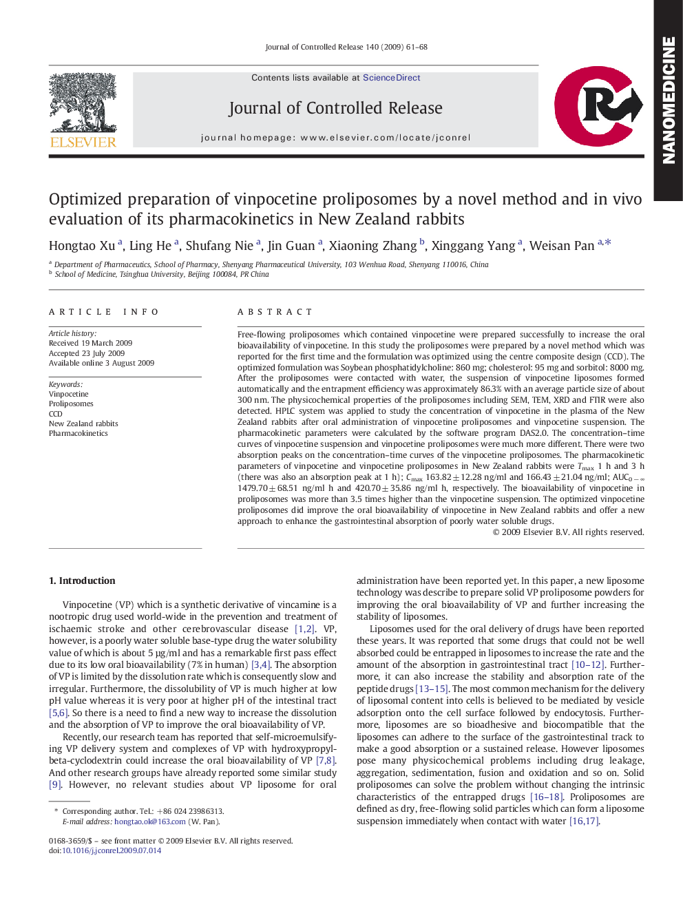 Optimized preparation of vinpocetine proliposomes by a novel method and in vivo evaluation of its pharmacokinetics in New Zealand rabbits