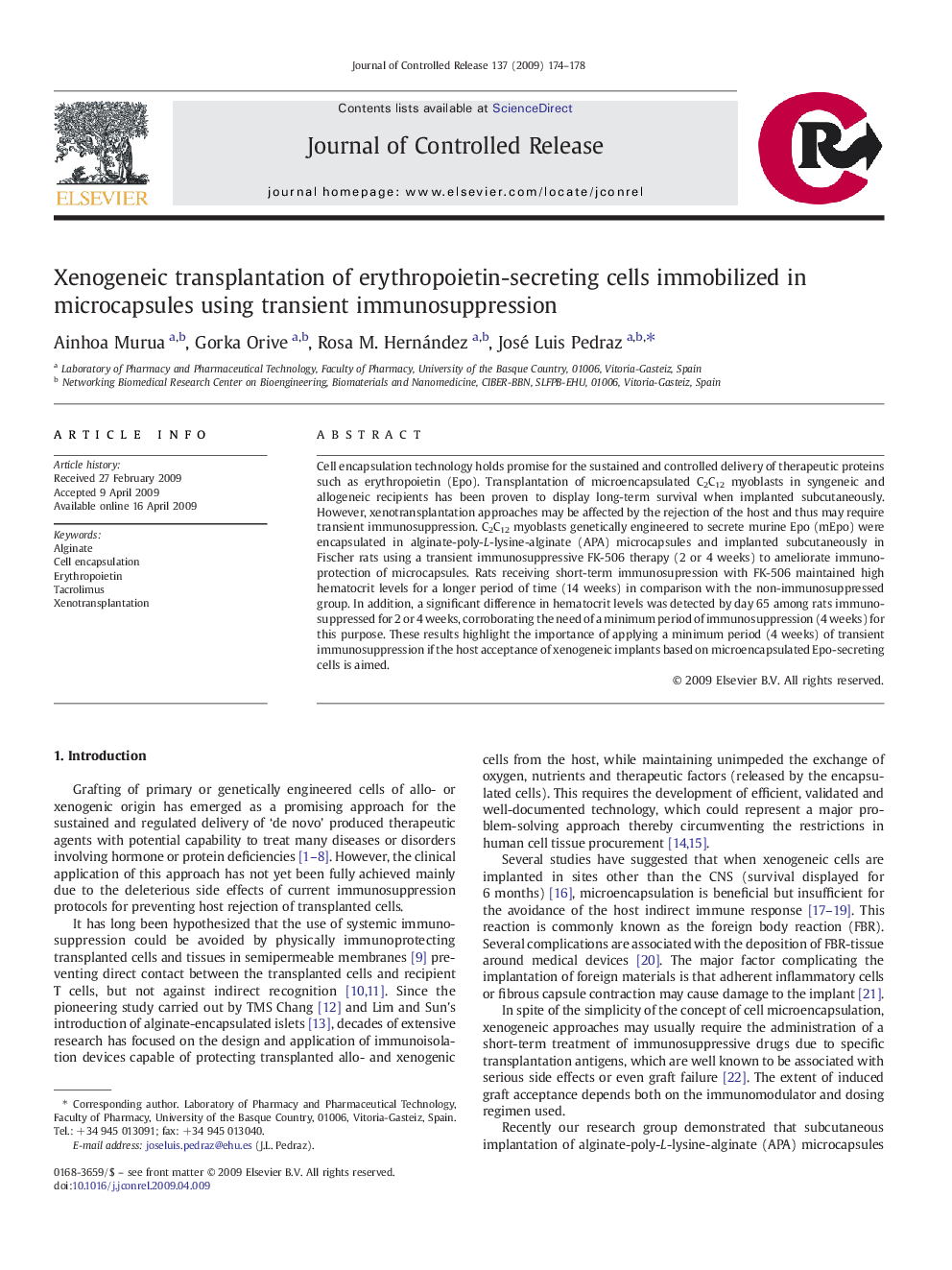 Xenogeneic transplantation of erythropoietin-secreting cells immobilized in microcapsules using transient immunosuppression