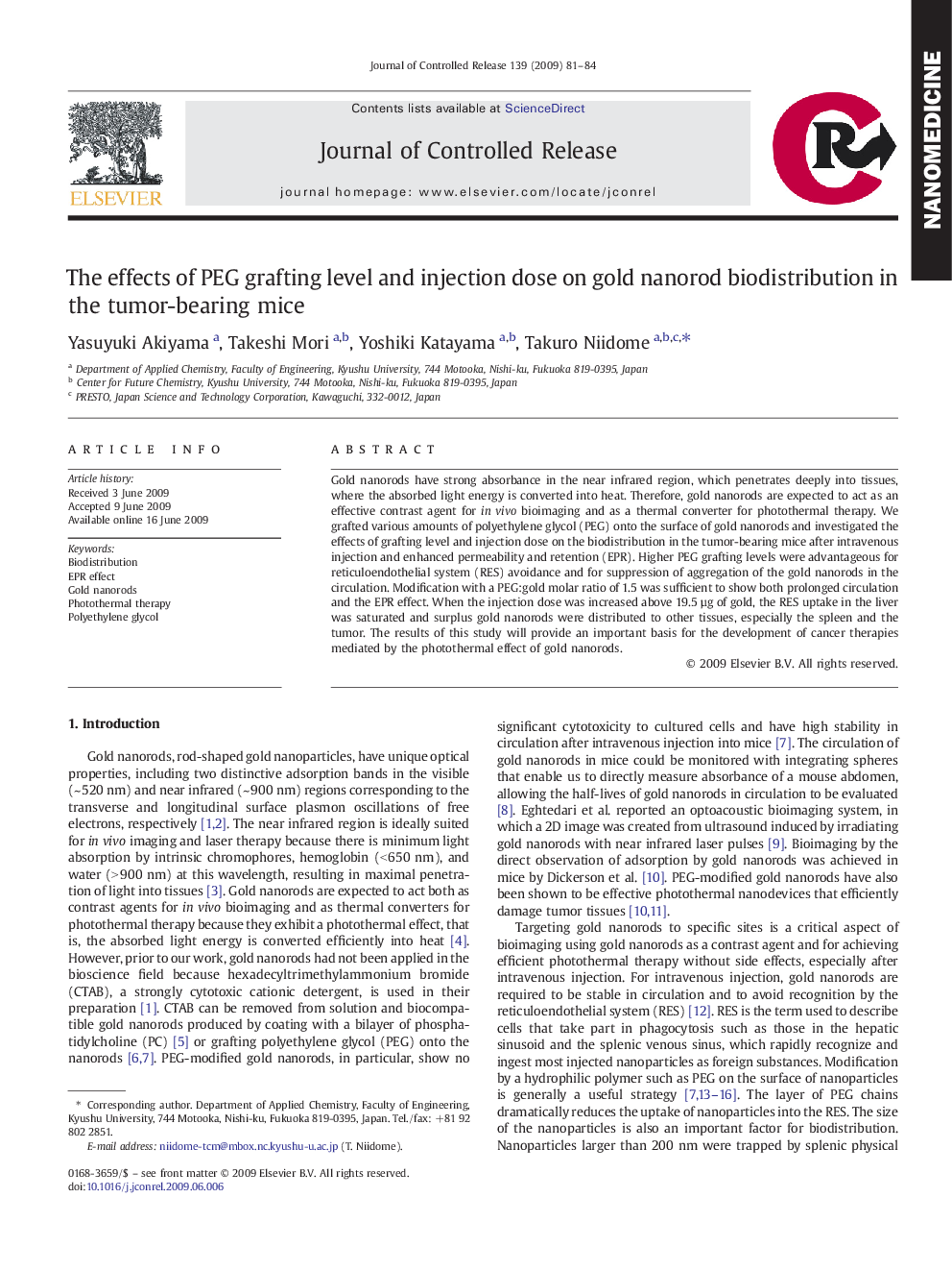 The effects of PEG grafting level and injection dose on gold nanorod biodistribution in the tumor-bearing mice