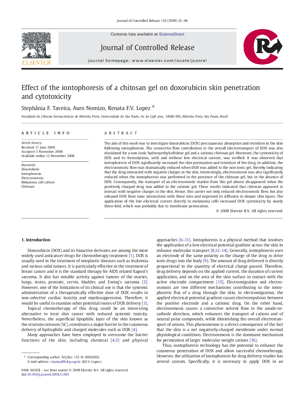 Effect of the iontophoresis of a chitosan gel on doxorubicin skin penetration and cytotoxicity