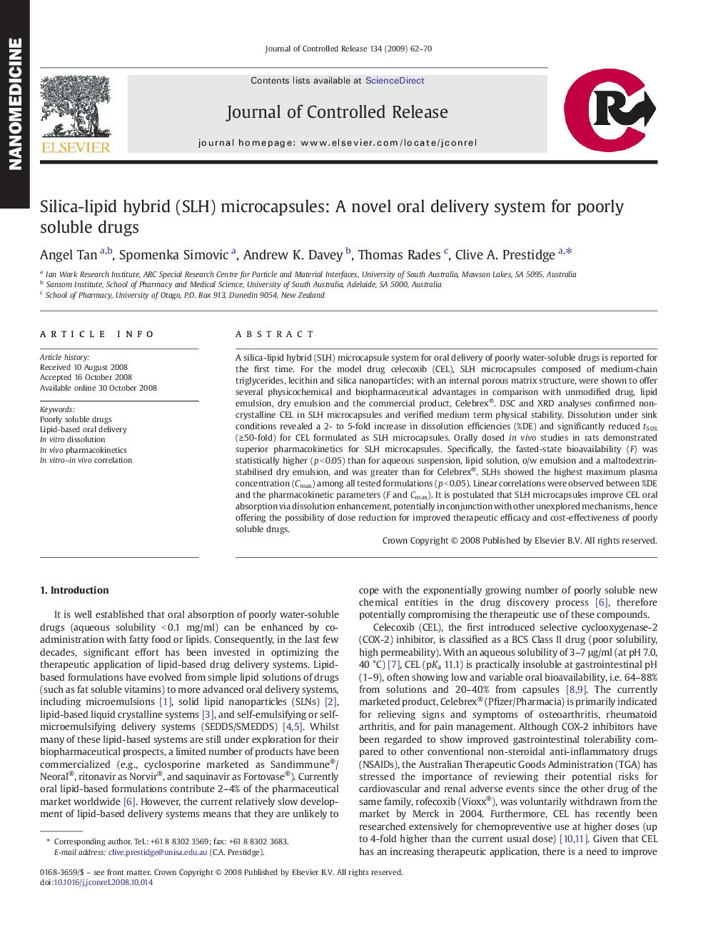 عکس صفحه اول مقاله: Silica-lipid hybrid (SLH) microcapsules: A novel oral delivery system for poorly soluble drugs Silica-lipid hybrid (SLH) microcapsules: A novel oral delivery system for poorly soluble drugs