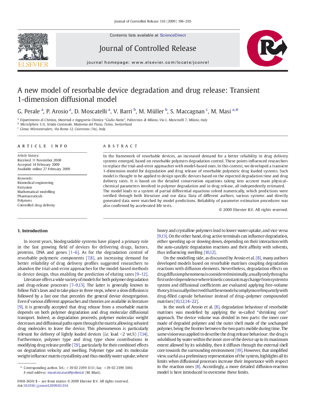 A new model of resorbable device degradation and drug release: Transient 1-dimension diffusional model