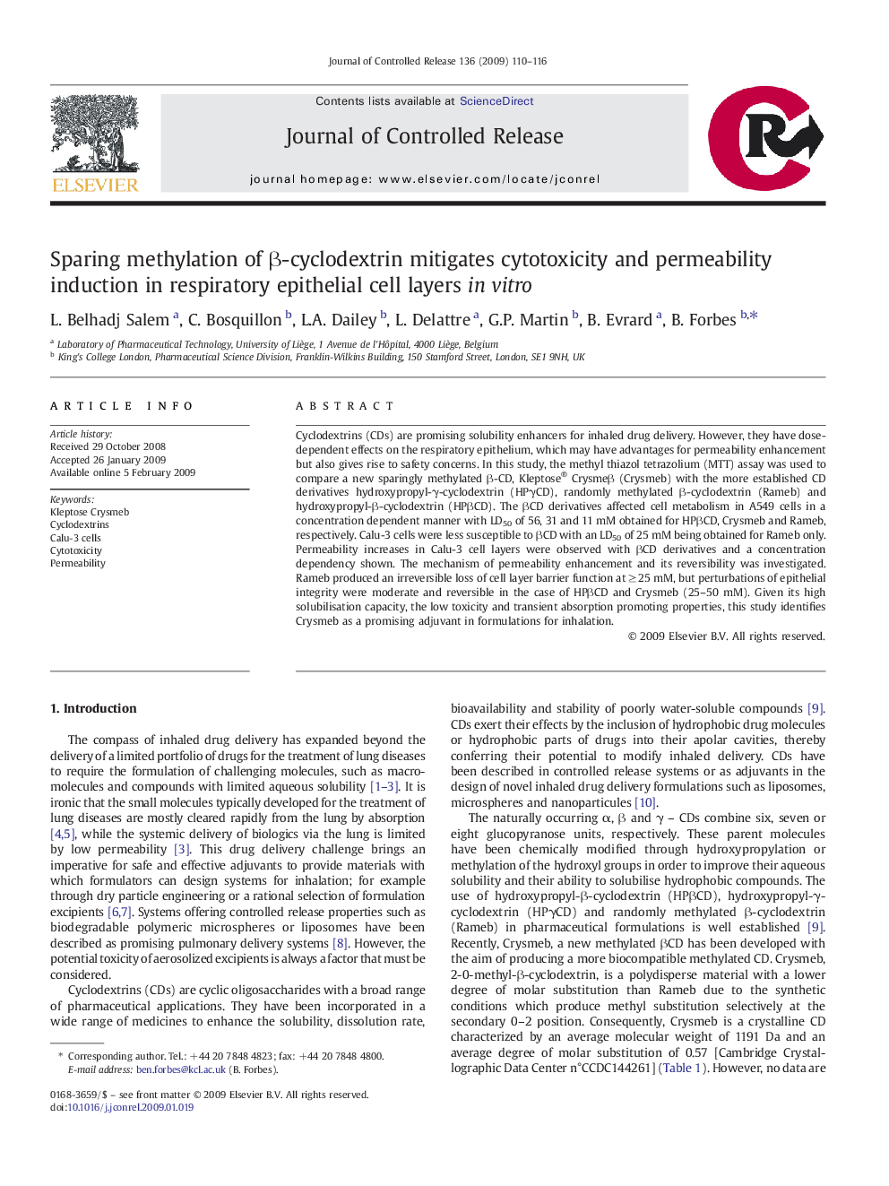 Sparing methylation of β-cyclodextrin mitigates cytotoxicity and permeability induction in respiratory epithelial cell layers in vitro